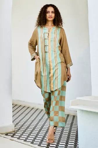 Brown printed linen kurta set