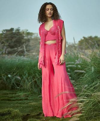 Pink embroidered chiffon co ord set 1