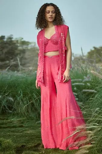 Pink embroidered chiffon co ord set