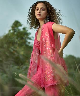 Pink embroidered chiffon co ord set 3