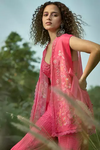 Pink embroidered chiffon co ord set