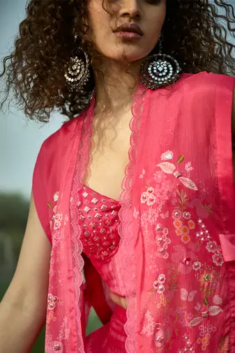 Pink embroidered chiffon co ord set