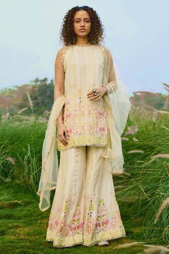 Cream embroidered net sharara set
