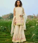 Cream embroidered net sharara set