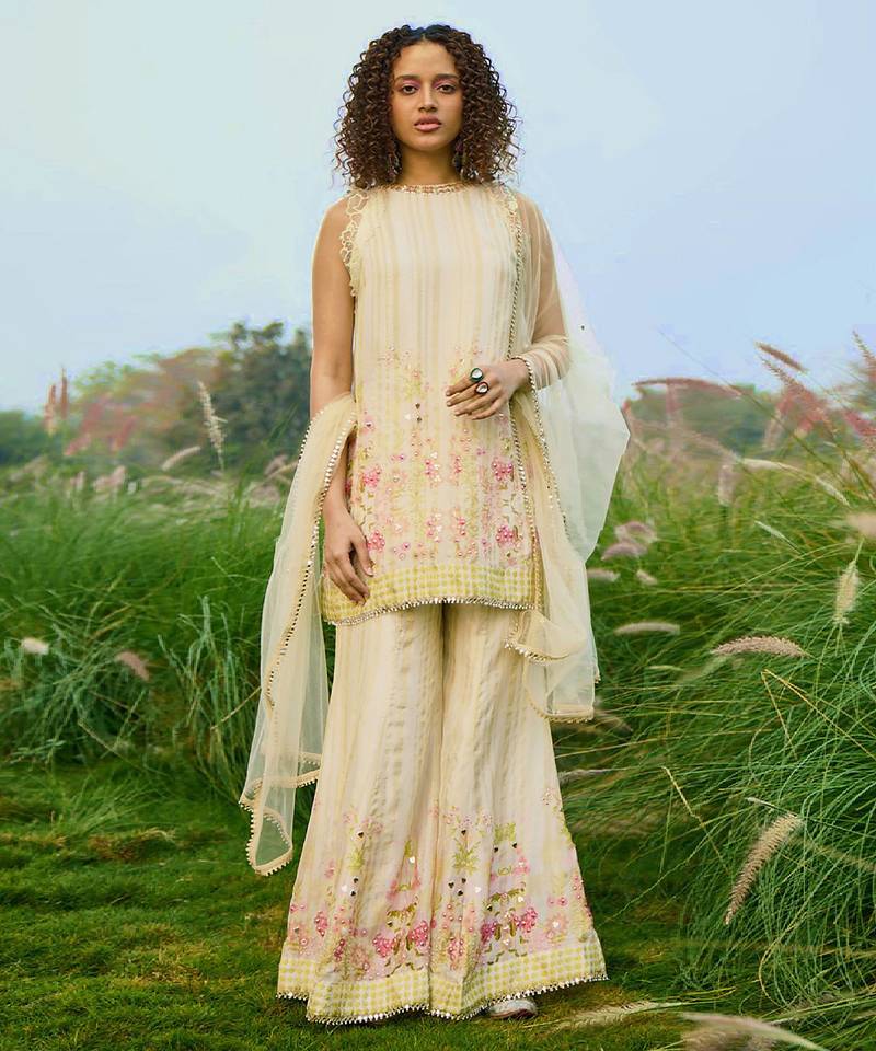 Cream embroidered net sharara set