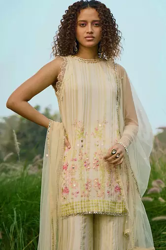 Cream embroidered net sharara set