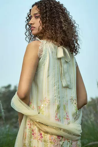 Cream embroidered net sharara set