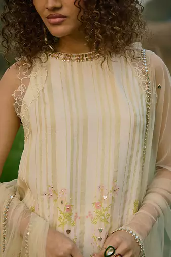 Cream embroidered net sharara set