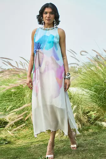Multicolor printed chiffon dress