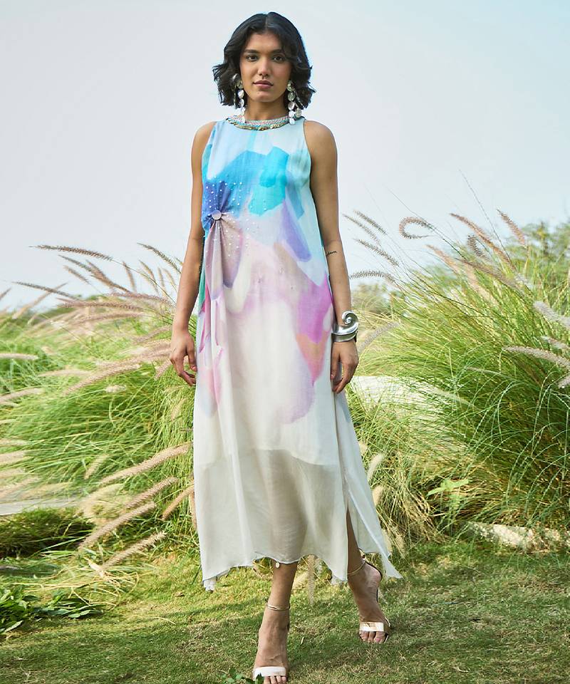 Multicolor printed chiffon dress