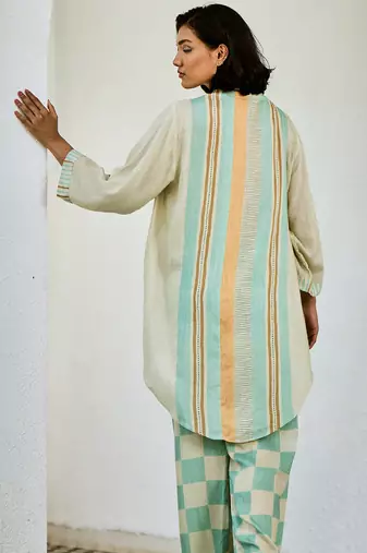 Off white printed linen kurta set