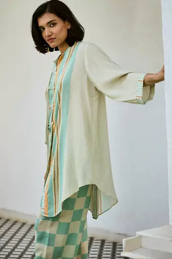 Off white printed linen kurta set