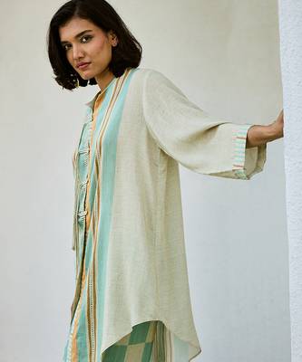 Off white printed linen kurta set 4