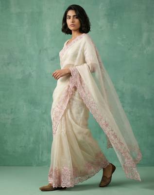 Off white thread embroidery floral border work organza   elegant party wear style designer saree with blouse piece 2