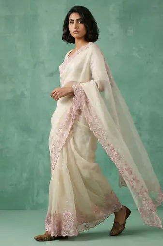 Off white thread embroidery floral border work organza   elegant party wear style designer saree with blouse piece