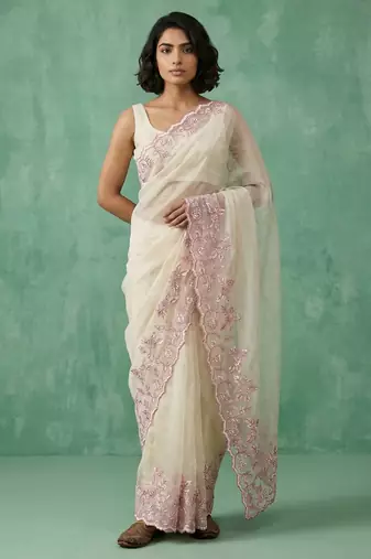 Off white thread embroidery floral border work organza   elegant party wear style designer saree with blouse piece