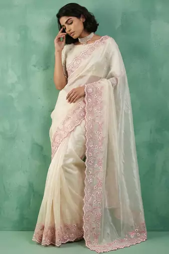 Off white thread embroidery floral border work organza   elegant party wear style designer saree with blouse piece