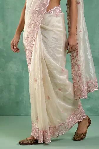 Off white thread embroidery floral border work organza   elegant party wear style designer saree with blouse piece