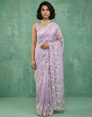 Lavender thread embroidery floral border work organza   elegant party wear style designer saree with blouse piece 1
