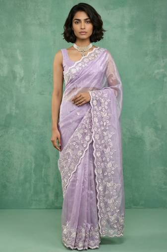 Lavender thread embroidery floral border work organza fabric elegant party wear style designer saree with blouse piece