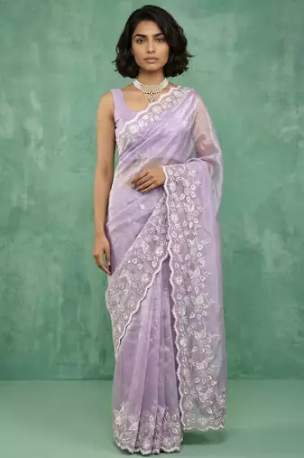 Lavender thread embroidery floral border work organza   elegant party wear style designer saree with blouse piece