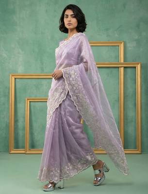 Lavender thread embroidery floral border work organza   elegant party wear style designer saree with blouse piece 2