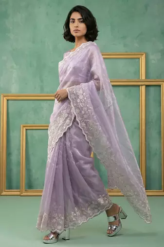 Lavender thread embroidery floral border work organza   elegant party wear style designer saree with blouse piece