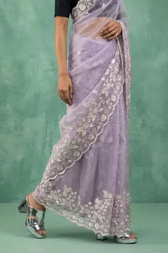 Lavender thread embroidery floral border work organza   elegant party wear style designer saree with blouse piece