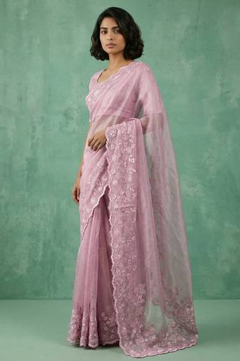 Pink thread embroidery floral border work organza fabric elegant party wear style designer saree with blouse piece