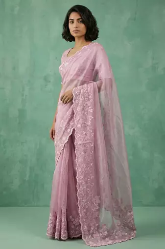Pink thread embroidery floral border work organza   elegant party wear style designer saree with blouse piece
