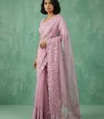 Pink thread embroidery floral border work organza   elegant party wear style designer saree with blouse piece