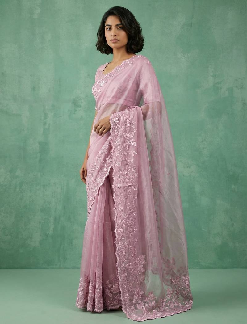 Pink thread embroidery floral border work organza   elegant party wear style designer saree with blouse piece