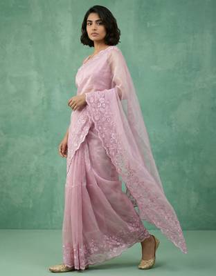 Pink thread embroidery floral border work organza   elegant party wear style designer saree with blouse piece 2