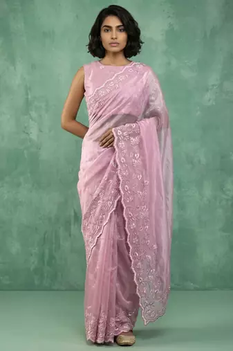 Pink thread embroidery floral border work organza   elegant party wear style designer saree with blouse piece