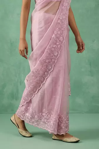 Pink thread embroidery floral border work organza   elegant party wear style designer saree with blouse piece