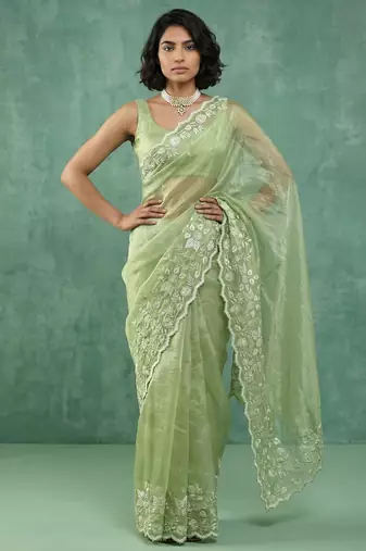 Green thread embroidery floral border work organza   elegant party wear style designer saree with blouse piece