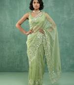 Green thread embroidery floral border work organza   elegant party wear style designer saree with blouse piece