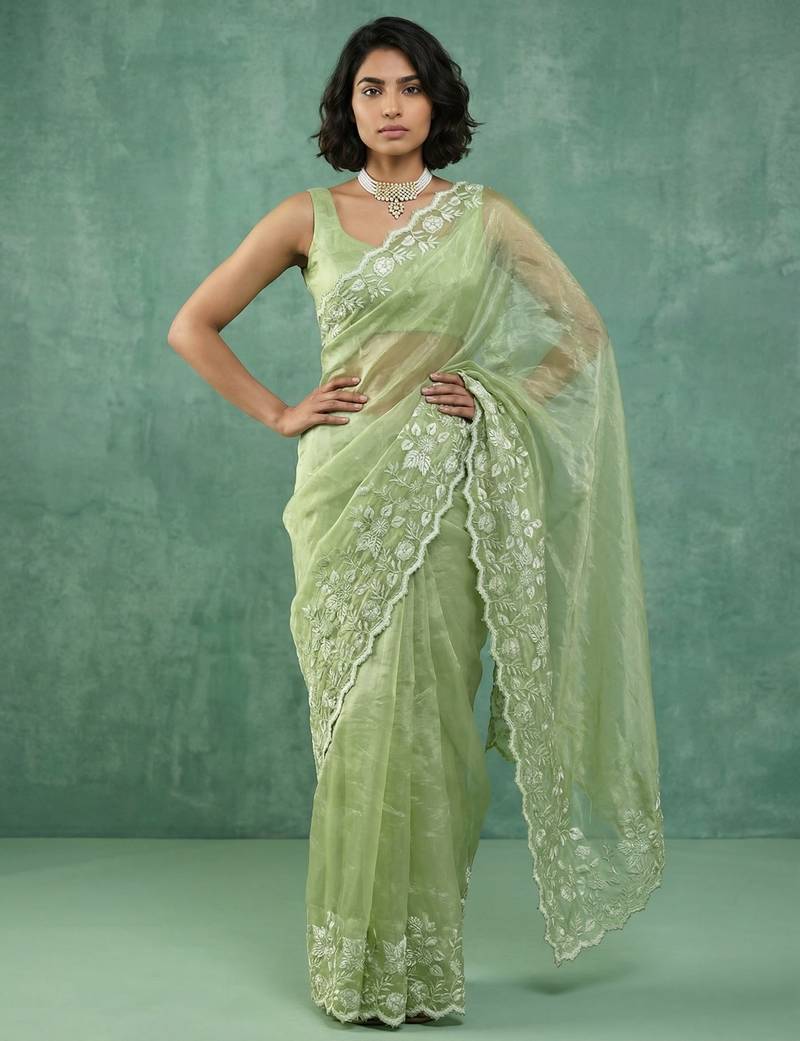 Green thread embroidery floral border work organza   elegant party wear style designer saree with blouse piece
