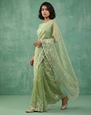 Green thread embroidery floral border work organza   elegant party wear style designer saree with blouse piece 2