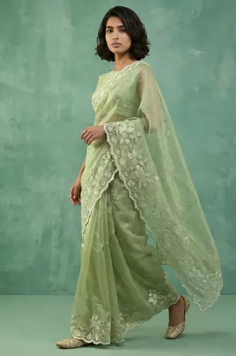 Green thread embroidery floral border work organza   elegant party wear style designer saree with blouse piece