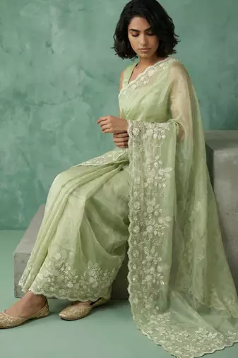 Green thread embroidery floral border work organza   elegant party wear style designer saree with blouse piece