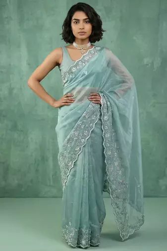 Blue thread embroidery floral border work organza   elegant party wear style designer saree with blouse piece