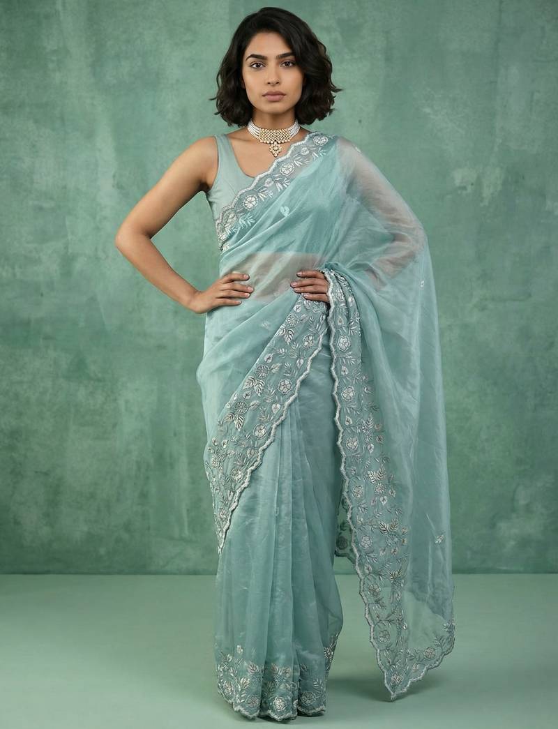 Blue thread embroidery floral border work organza   elegant party wear style designer saree with blouse piece