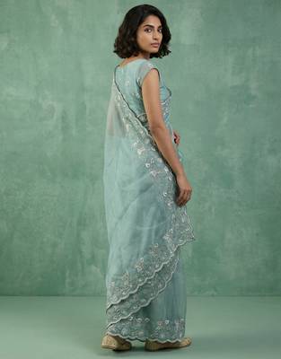 Blue thread embroidery floral border work organza   elegant party wear style designer saree with blouse piece 2