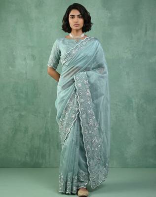 Blue thread embroidery floral border work organza   elegant party wear style designer saree with blouse piece 3