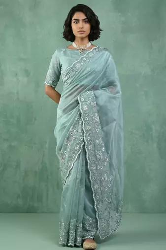 Blue thread embroidery floral border work organza   elegant party wear style designer saree with blouse piece
