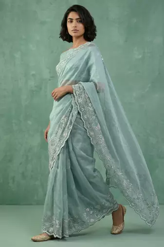 Blue thread embroidery floral border work organza   elegant party wear style designer saree with blouse piece