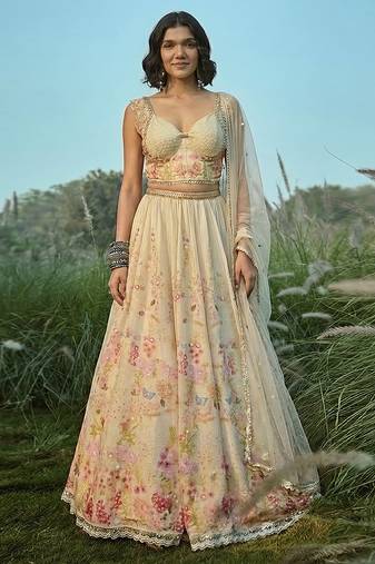 Off White Embroidered Tissue Lehenga Set