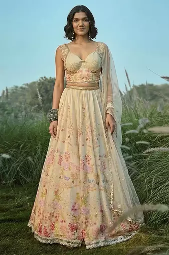 Off White Embroidered Tissue Lehenga Set