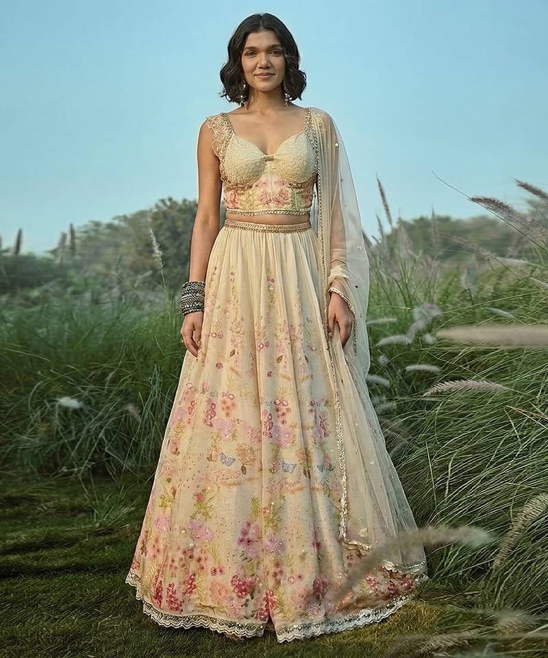 Off White Embroidered Tissue Lehenga Set